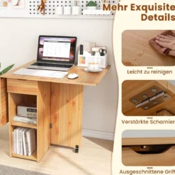 Esstisch klappbar mit 2 Rädern mobiler Klapptisch Esszimmertisch mit 2-stufiger Ablagefläche und Schublade Holz