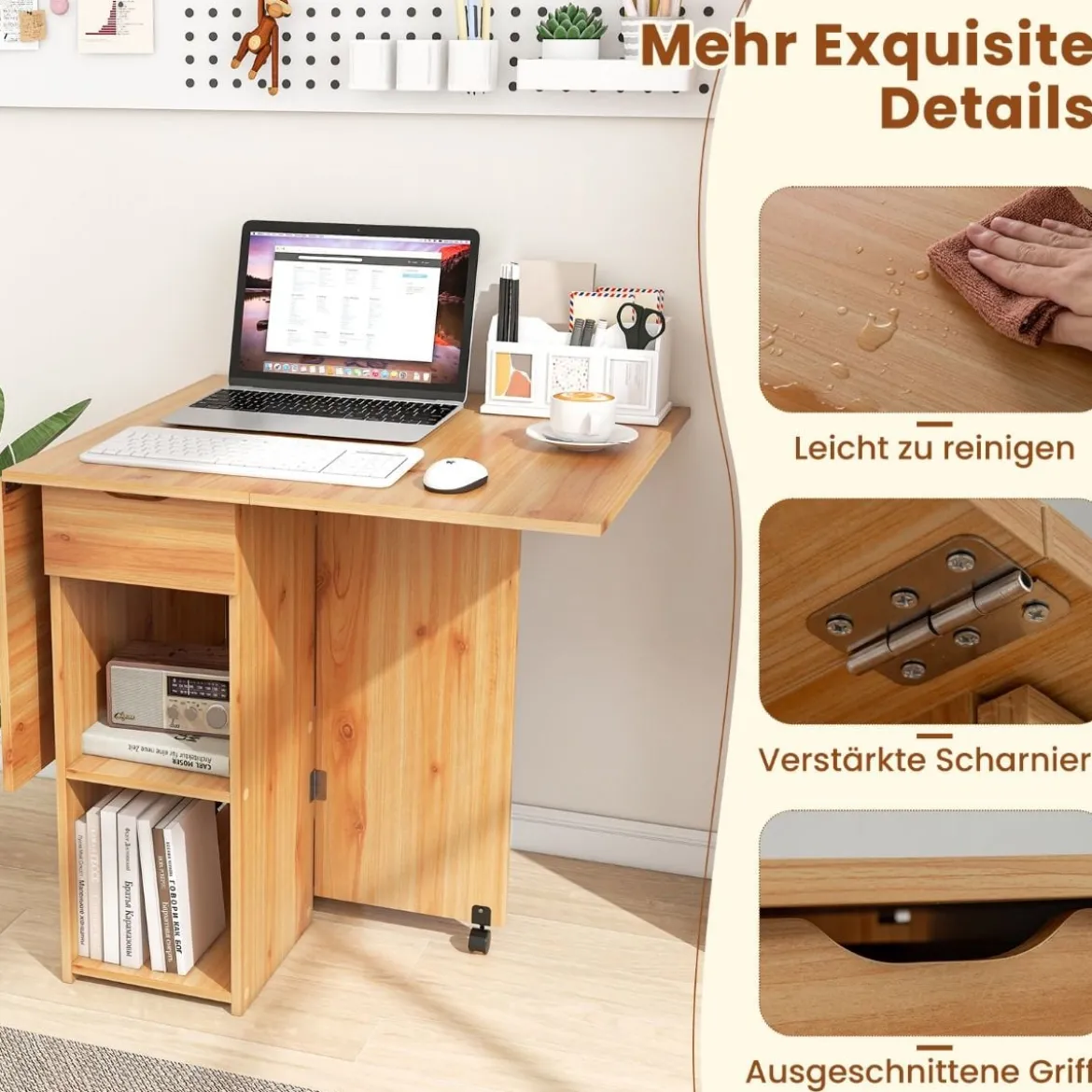 Esstisch klappbar mit 2 Rädern mobiler Klapptisch Esszimmertisch mit 2-stufiger Ablagefläche und Schublade Holz