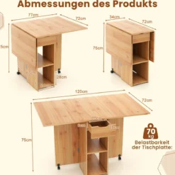 Esstisch klappbar mit 2 Rädern mobiler Klapptisch Esszimmertisch mit 2-stufiger Ablagefläche und Schublade Holz
