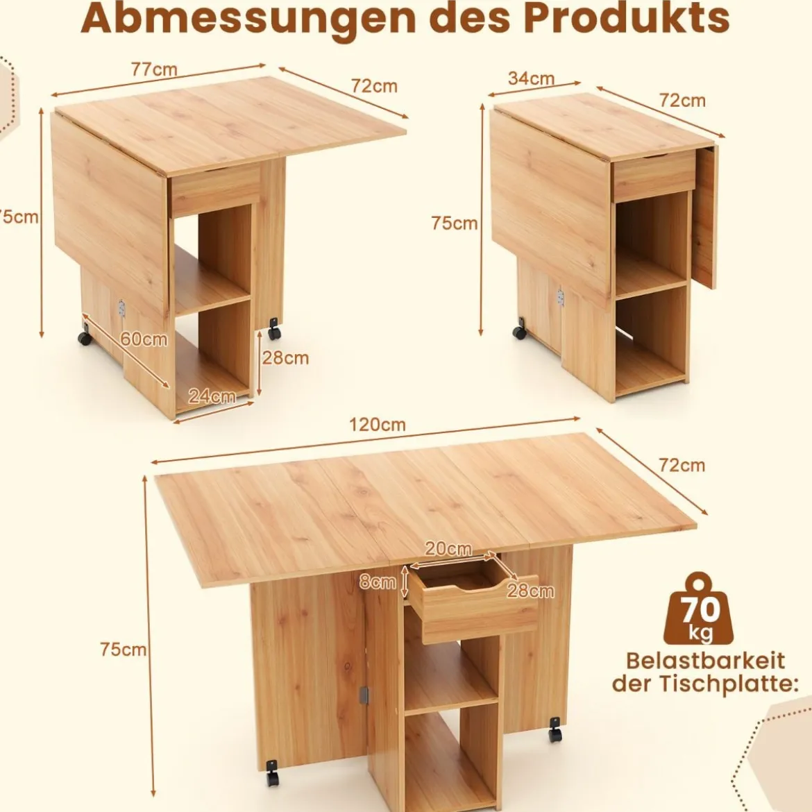 Esstisch klappbar mit 2 Rädern mobiler Klapptisch Esszimmertisch mit 2-stufiger Ablagefläche und Schublade Holz