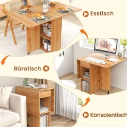 Esstisch klappbar mit 2 Rädern mobiler Klapptisch Esszimmertisch mit 2-stufiger Ablagefläche und Schublade Holz