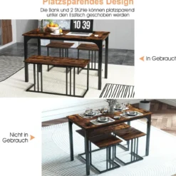 Esstisch mit Bank & 2 Hockern 4er Set Küchentisch industrielle Essgruppe für Küche 120 x 60 x 75 cm Natur/Braun