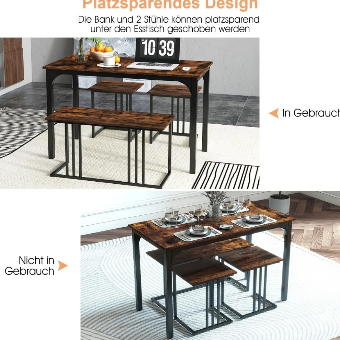 Esstisch mit Bank & 2 Hockern 4er Set Küchentisch industrielle Essgruppe für Küche 120 x 60 x 75 cm Natur/Braun