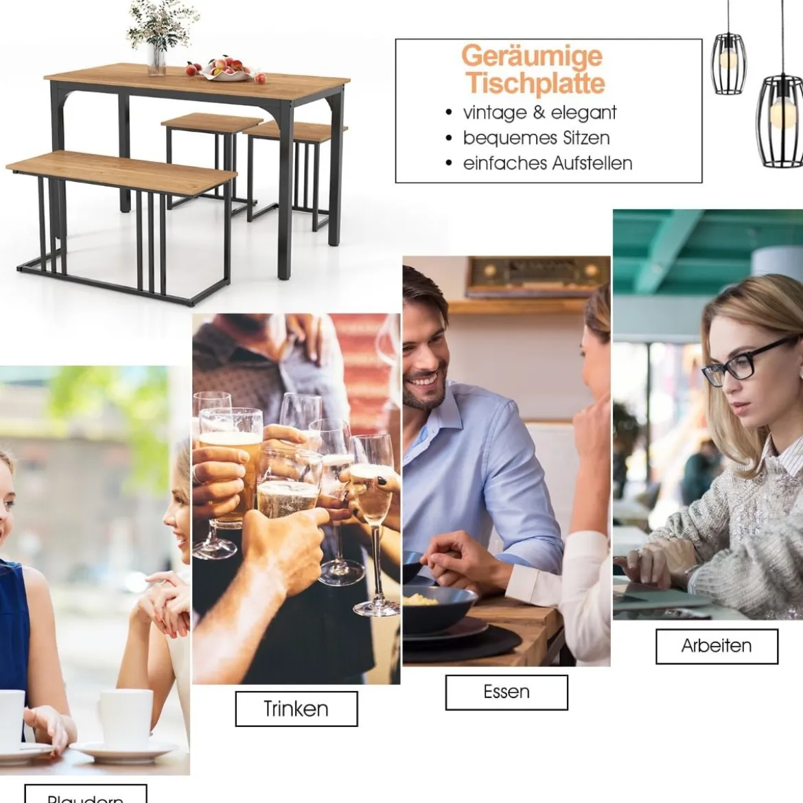 Esstisch mit Bank & 2 Hockern 4er Set Küchentisch industrielle Essgruppe für Küche 120 x 60 x 75 cm Natur/Braun