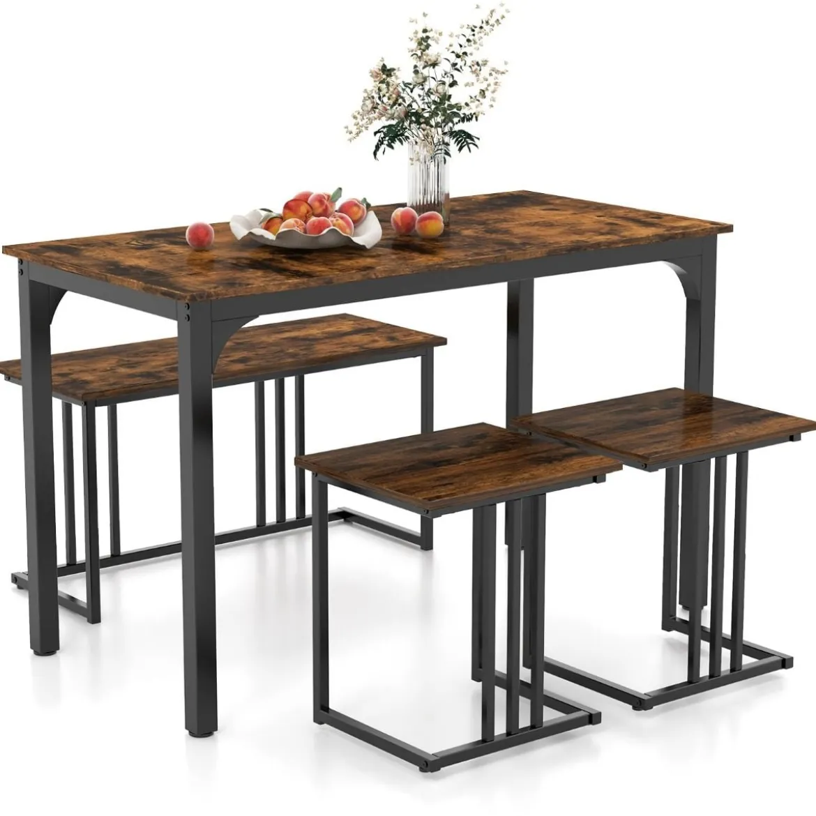 Esstisch mit Bank & 2 Hockern 4er Set Küchentisch industrielle Essgruppe für Küche 120 x 60 x 75 cm Natur/Braun