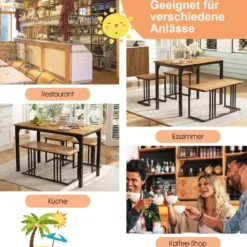 Esstisch mit Bank & 2 Hockern 4er Set Küchentisch industrielle Essgruppe für Küche 120 x 60 x 75 cm Natur/Braun