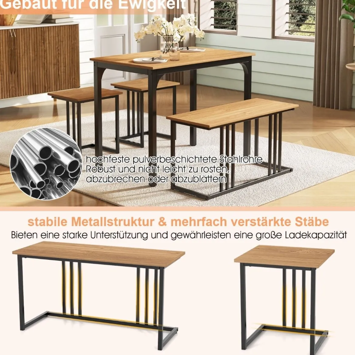 Esstisch mit Bank & 2 Hockern 4er Set Küchentisch industrielle Essgruppe für Küche 120 x 60 x 75 cm Natur/Braun