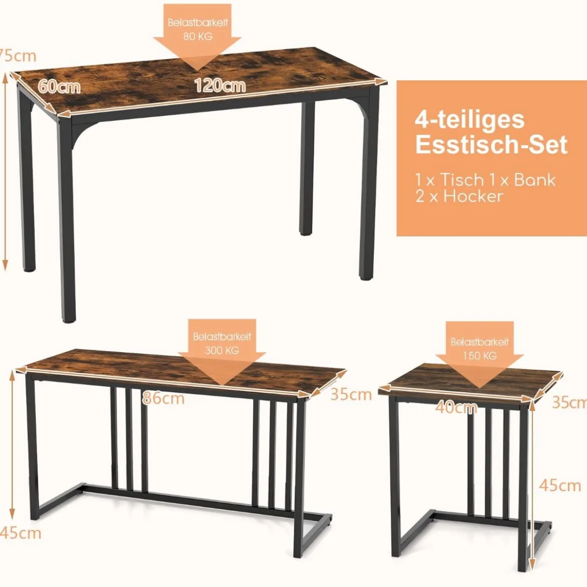 Esstisch mit Bank & 2 Hockern 4er Set Küchentisch industrielle Essgruppe für Küche 120 x 60 x 75 cm Natur/Braun