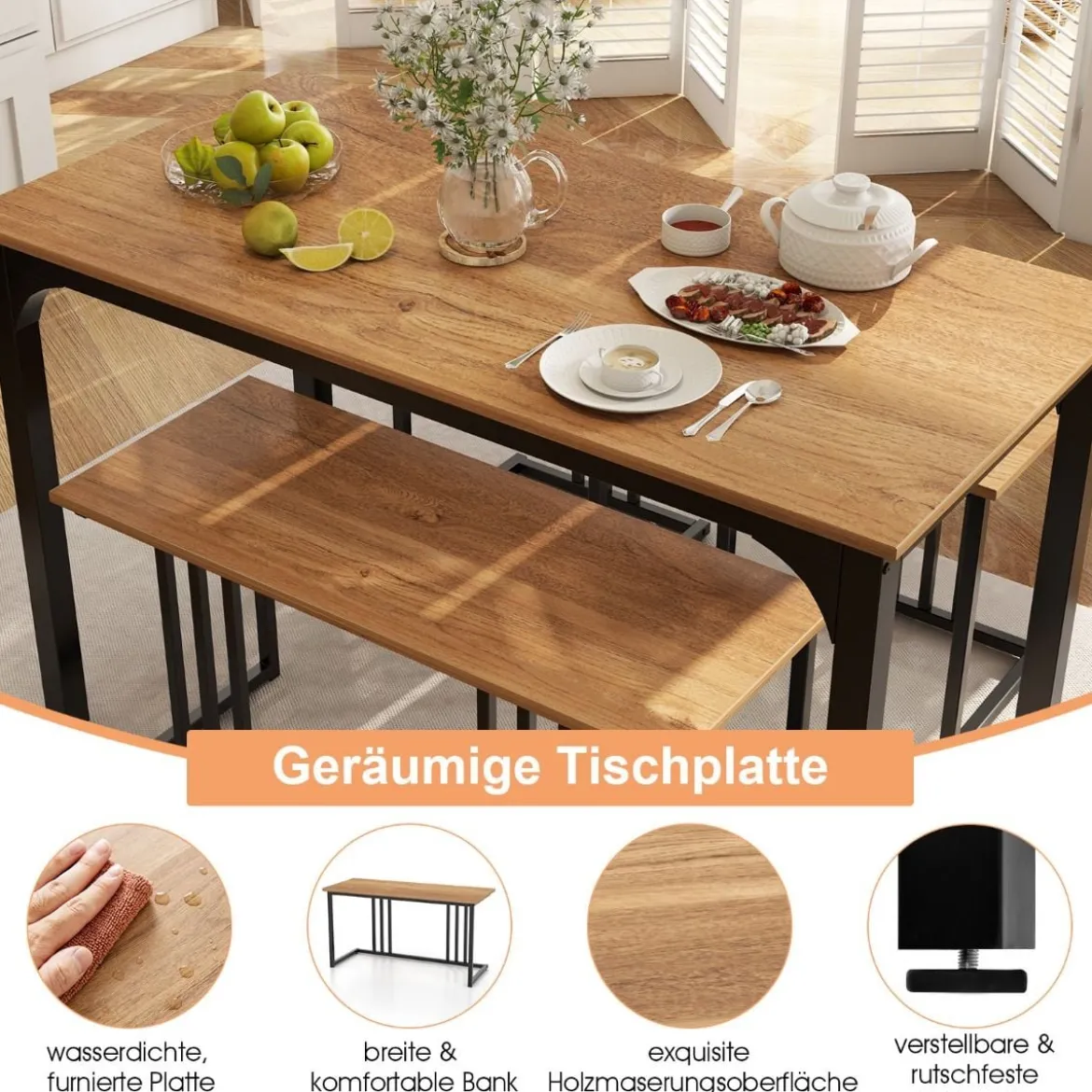 Esstisch mit Bank & 2 Hockern 4er Set Küchentisch industrielle Essgruppe für Küche 120 x 60 x 75 cm Natur/Braun