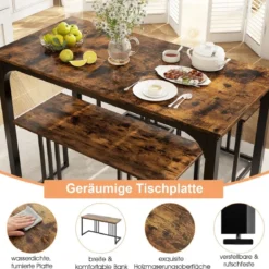 Esstisch mit Bank & 2 Hockern 4er Set Küchentisch industrielle Essgruppe für Küche 120 x 60 x 75 cm Natur/Braun