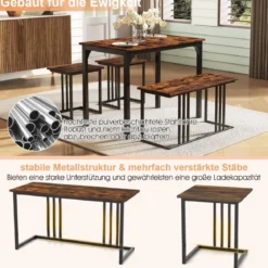 Esstisch mit Bank & 2 Hockern 4er Set Küchentisch industrielle Essgruppe für Küche 120 x 60 x 75 cm Natur/Braun