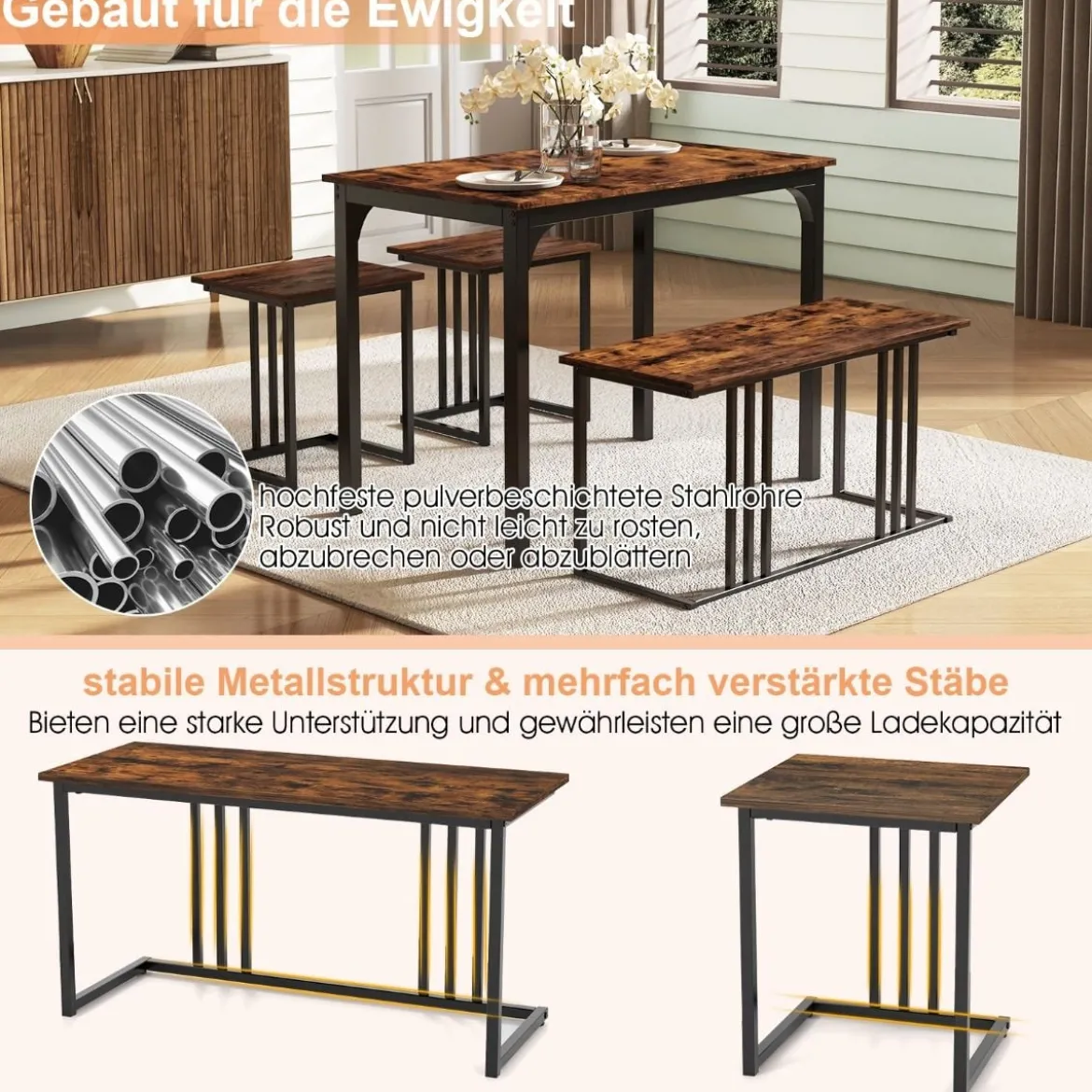 Esstisch mit Bank & 2 Hockern 4er Set Küchentisch industrielle Essgruppe für Küche 120 x 60 x 75 cm Natur/Braun