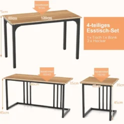Esstisch mit Bank & 2 Hockern 4er Set Küchentisch industrielle Essgruppe für Küche 120 x 60 x 75 cm Natur/Braun