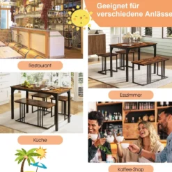 Esstisch mit Bank & 2 Hockern 4er Set Küchentisch industrielle Essgruppe für Küche 120 x 60 x 75 cm Natur/Braun