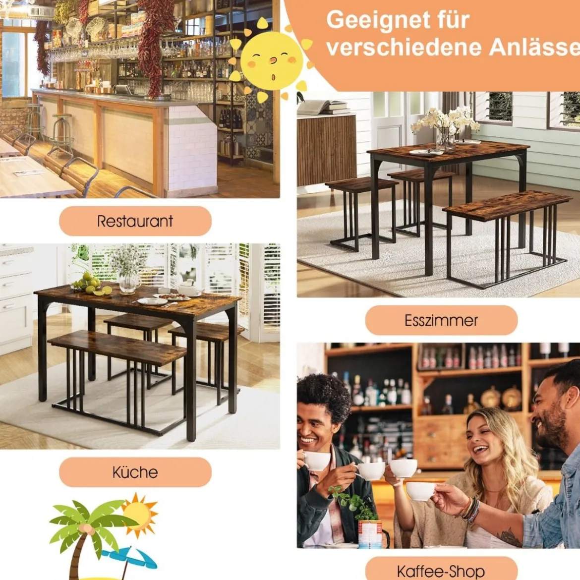 Esstisch mit Bank & 2 Hockern 4er Set Küchentisch industrielle Essgruppe für Küche 120 x 60 x 75 cm Natur/Braun