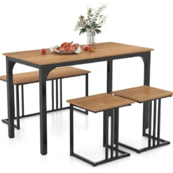 Esstisch mit Bank & 2 Hockern 4er Set Küchentisch industrielle Essgruppe für Küche 120 x 60 x 75 cm Natur/Braun