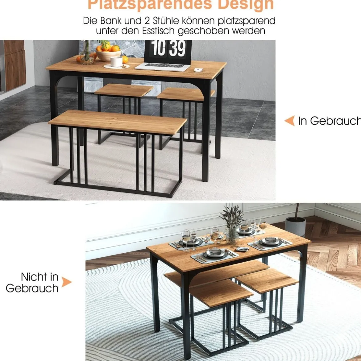 Esstisch mit Bank & 2 Hockern 4er Set Küchentisch industrielle Essgruppe für Küche 120 x 60 x 75 cm Natur/Braun