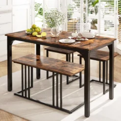 Esstisch mit Bank & 2 Hockern 4er Set Küchentisch industrielle Essgruppe für Küche 120 x 60 x 75 cm Natur/Braun