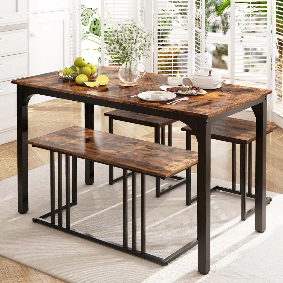 Esstisch mit Bank & 2 Hockern 4er Set Küchentisch industrielle Essgruppe für Küche 120 x 60 x 75 cm Natur/Braun