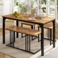 Esstisch mit Bank & 2 Hockern 4er Set Küchentisch industrielle Essgruppe für Küche 120 x 60 x 75 cm Natur/Braun