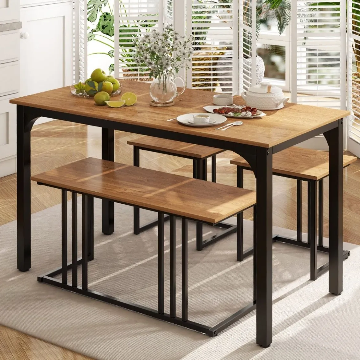Esstisch mit Bank & 2 Hockern 4er Set Küchentisch industrielle Essgruppe für Küche 120 x 60 x 75 cm Natur/Braun