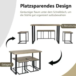 Esstisch mit Bank & 2 Hockern Industrielle Essgruppe Platzsparendes 4er-Set Küchentisch