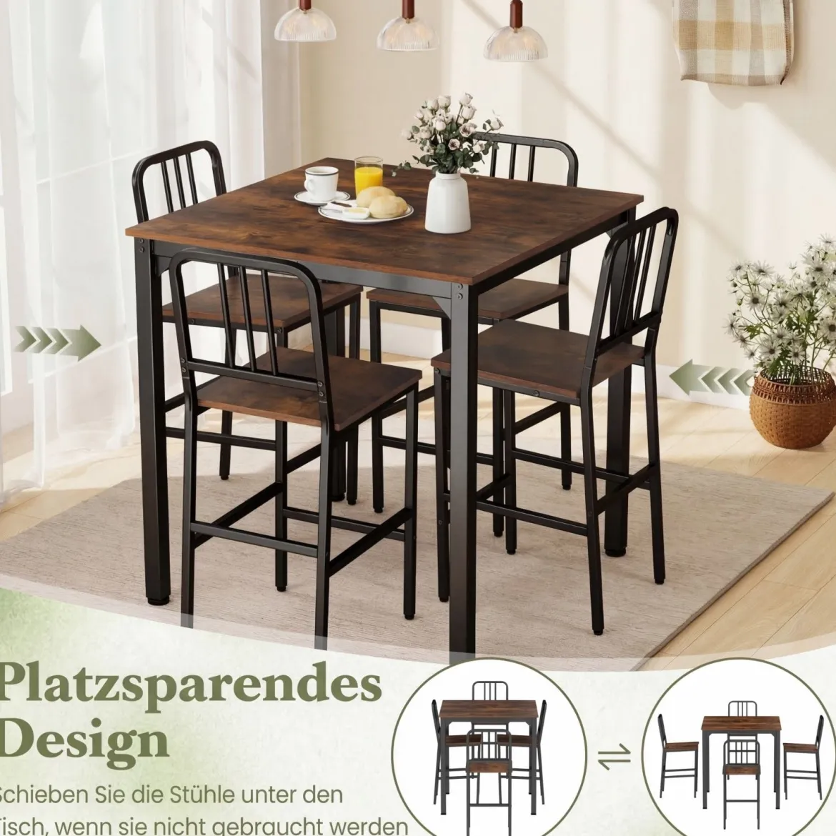 Esstisch mit 4 Barhockern Küchentisch in Thekenhöhe für 4 Personen Bartisch Set für Küche Braun