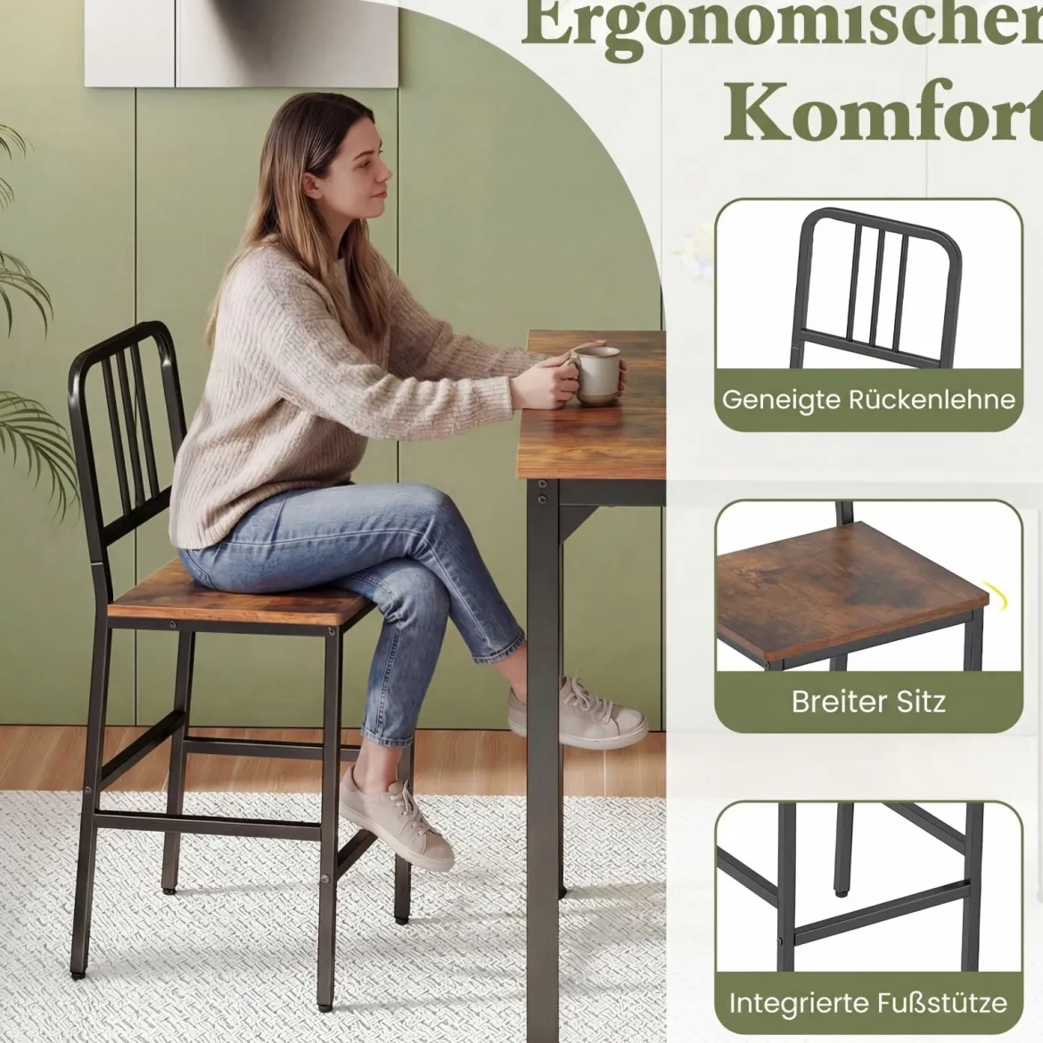 Esstisch mit 4 Barhockern Küchentisch in Thekenhöhe für 4 Personen Bartisch Set für Küche Braun