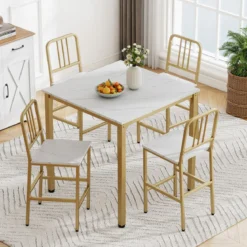 Esstisch mit 4 Barhockern Küchentisch in Thekenhöhe für 4 Personen Bartisch Set für Küche Weiß