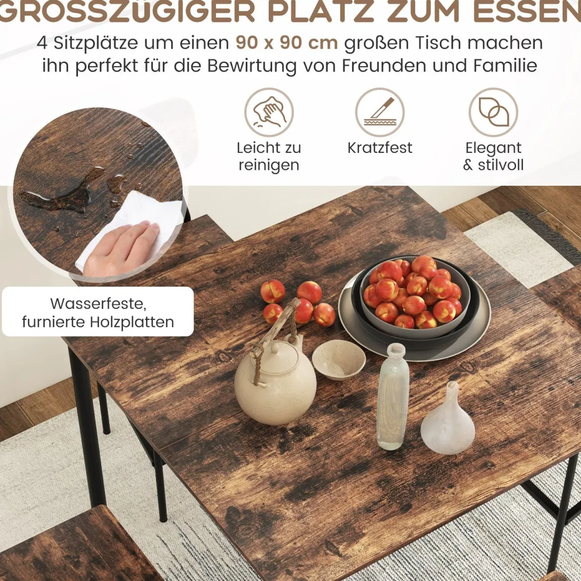 Esstisch mit 4 Barhockern Küchentisch in Thekenhöhe Metallrahmen Essgruppe für 4 Menschen Rustikales Braun