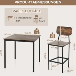 Esstisch mit 4 Barhockern Küchentisch in Thekenhöhe Metallrahmen Essgruppe für 4 Menschen Rustikales Braun