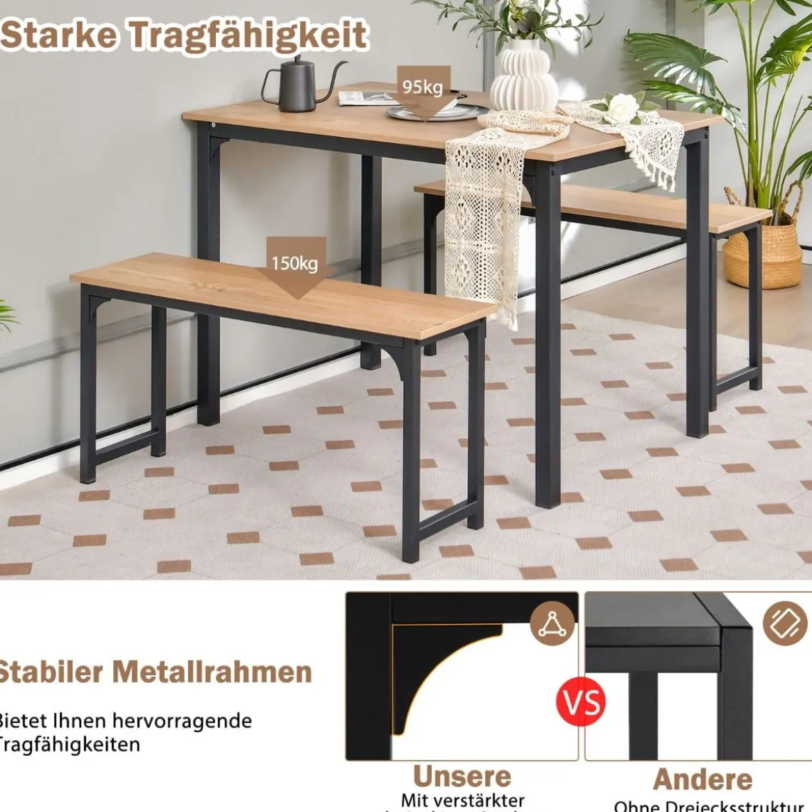 Esstisch mit 2 Bänken mit Rostfreiem Metallrahmen 3er-Set Essgruppe Sitzgruppe Natur
