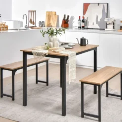 Esstisch mit 2 Bänken mit Rostfreiem Metallrahmen 3er-Set Essgruppe Sitzgruppe Natur