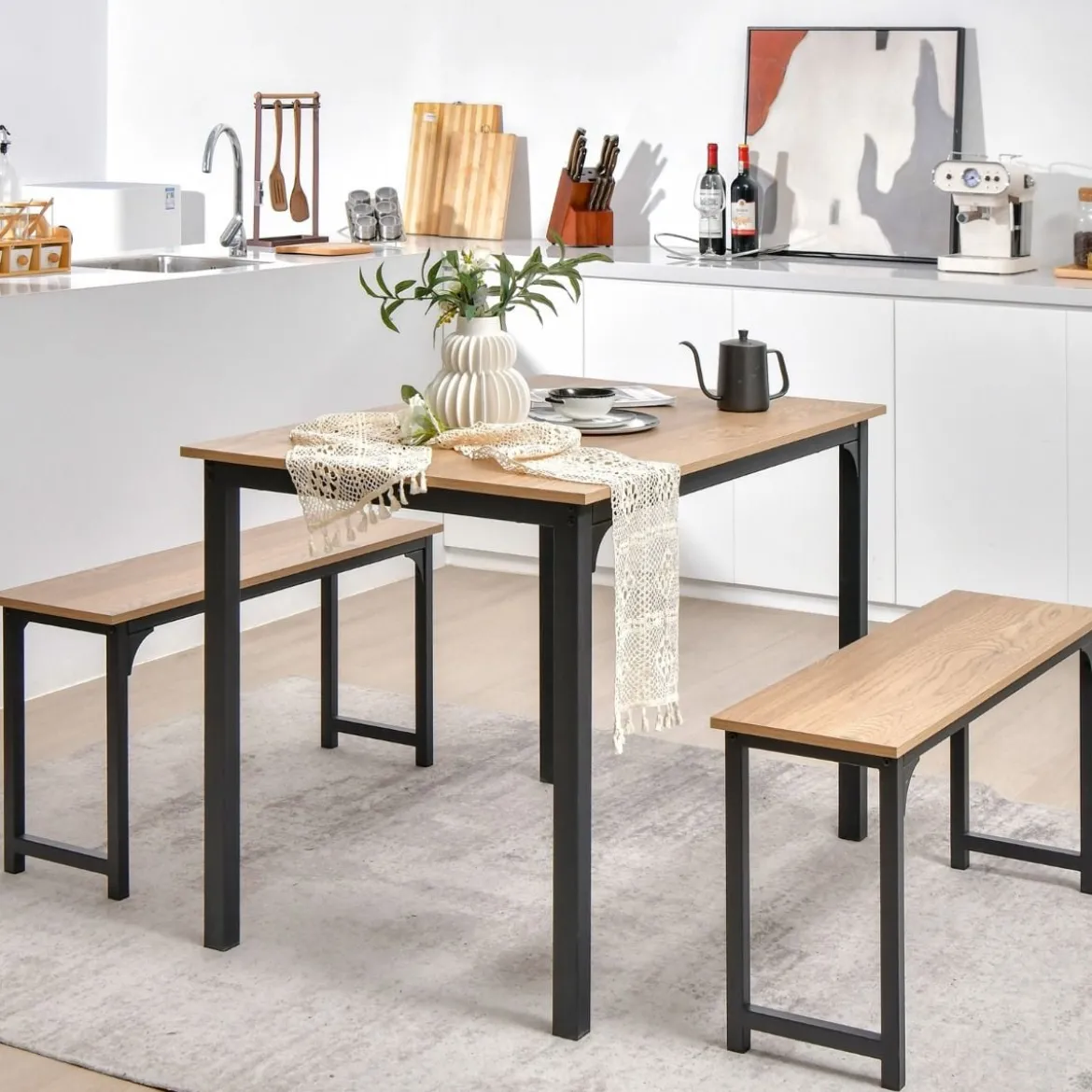 Esstisch mit 2 Bänken mit Rostfreiem Metallrahmen 3er-Set Essgruppe Sitzgruppe Natur