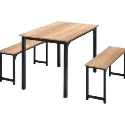 Esstisch mit 2 Bänken mit Rostfreiem Metallrahmen 3er-Set Essgruppe Sitzgruppe Natur