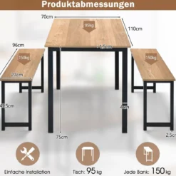Esstisch mit 2 Bänken mit Rostfreiem Metallrahmen 3er-Set Essgruppe Sitzgruppe Natur