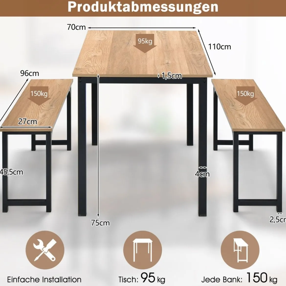 Esstisch mit 2 Bänken mit Rostfreiem Metallrahmen 3er-Set Essgruppe Sitzgruppe Natur