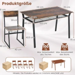 Esstisch Set 5-teilig Küchentisch mit 4 Stühlen & Regal Essgruppe Sitzgruppe Industrie Vintage
