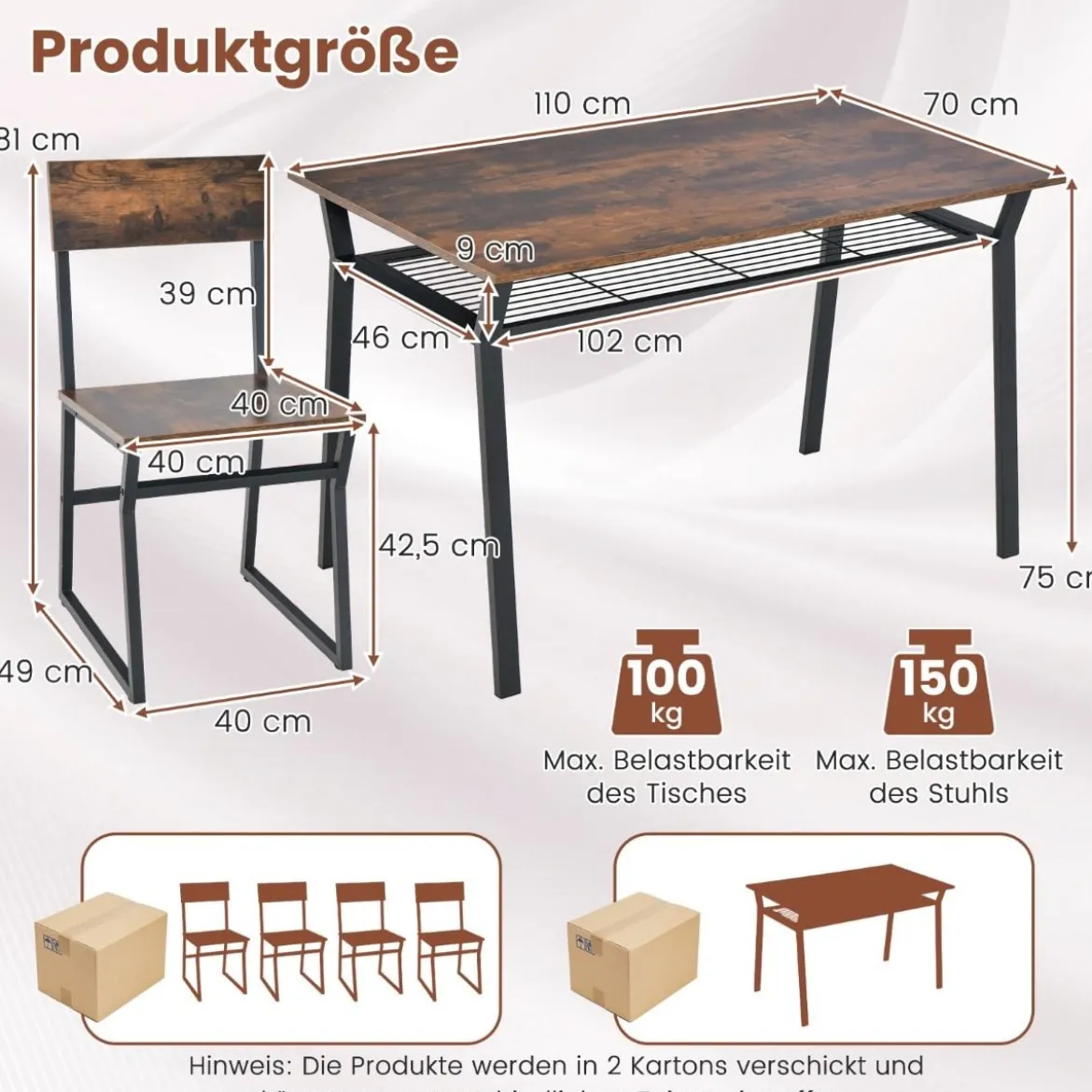 Esstisch Set 5-teilig Küchentisch mit 4 Stühlen & Regal Essgruppe Sitzgruppe Industrie Vintage