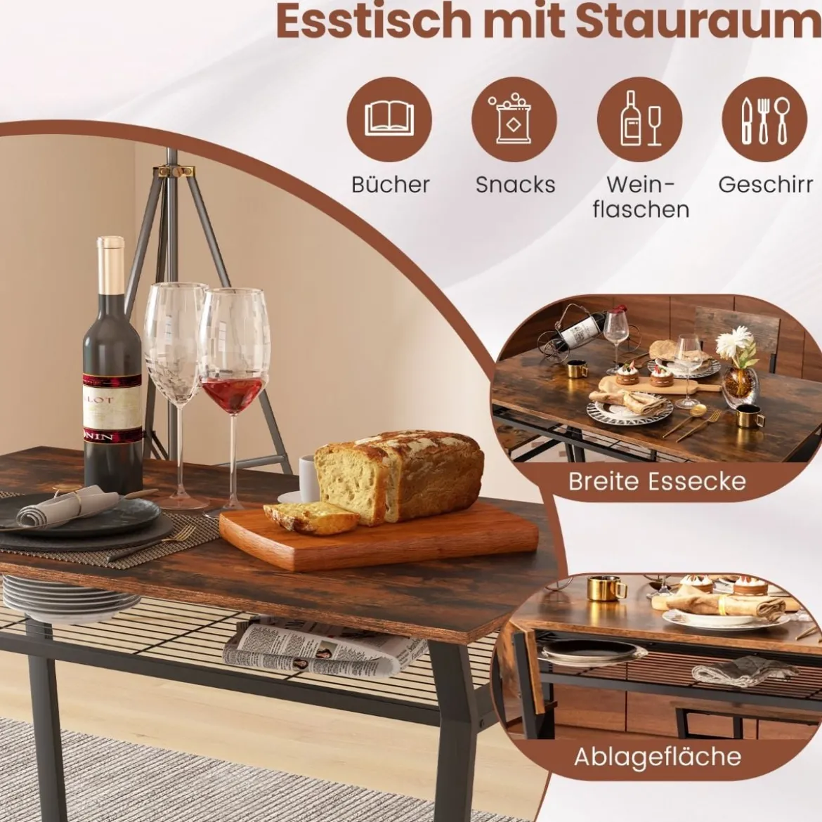 Esstisch Set 5-teilig Küchentisch mit 4 Stühlen & Regal Essgruppe Sitzgruppe Industrie Vintage