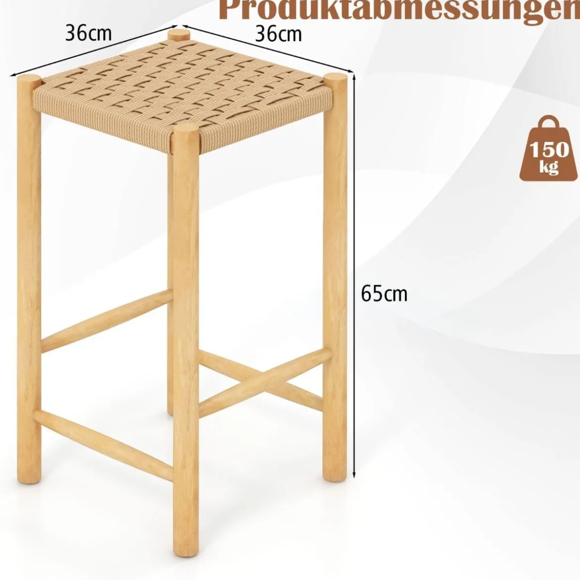 Esszimmer-Barhocker-Set Rahmen aus Gummibaumholz & Sitz aus geflochtenem Papier Rustikaler Barhocker in Counter-Höhe65 cm