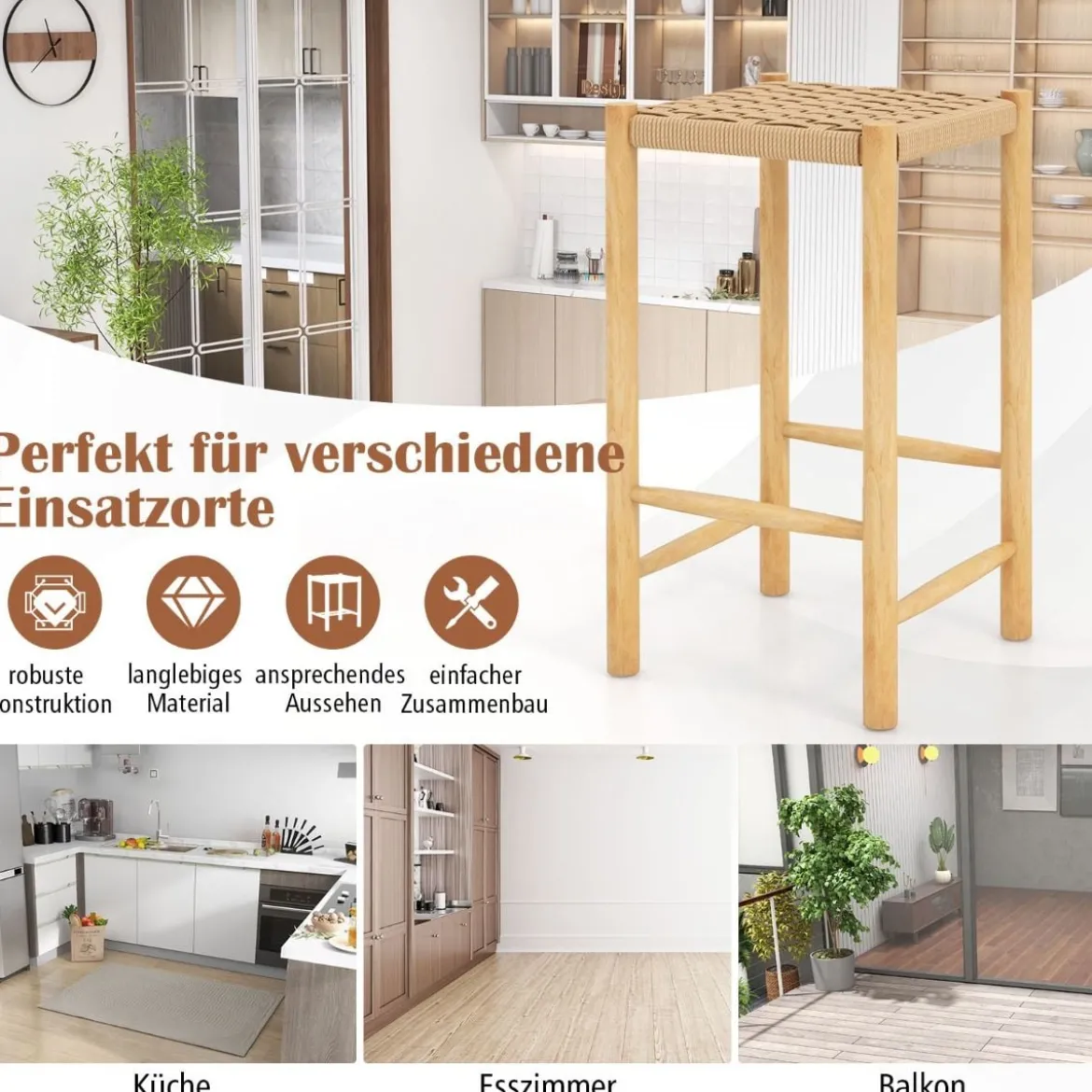 Esszimmer-Barhocker-Set Rahmen aus Gummibaumholz & Sitz aus geflochtenem Papier Rustikaler Barhocker in Counter-Höhe65 cm