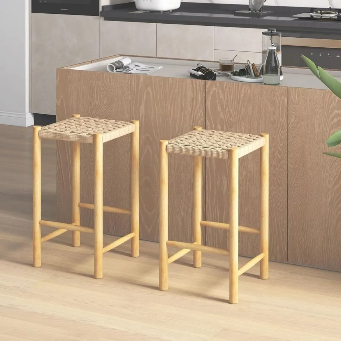 Esszimmer-Barhocker-Set Rahmen aus Gummibaumholz & Sitz aus geflochtenem Papier Rustikaler Barhocker in Counter-Höhe65 cm