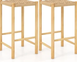 Esszimmer-Barhocker-Set Rahmen aus Gummibaumholz & Sitz aus geflochtenem Papier Rustikaler Barhocker in Counter-Höhe65 cm