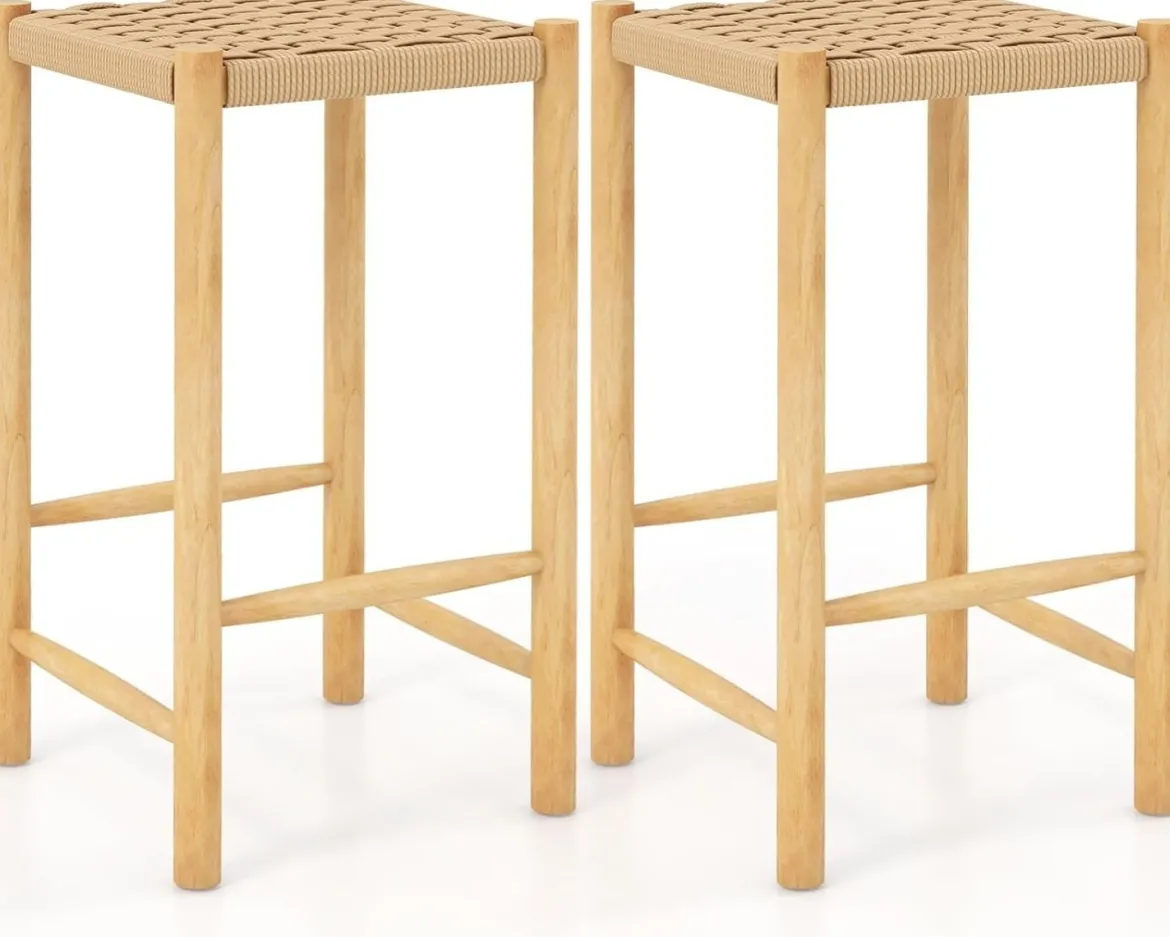 Esszimmer-Barhocker-Set Rahmen aus Gummibaumholz & Sitz aus geflochtenem Papier Rustikaler Barhocker in Counter-Höhe65 cm