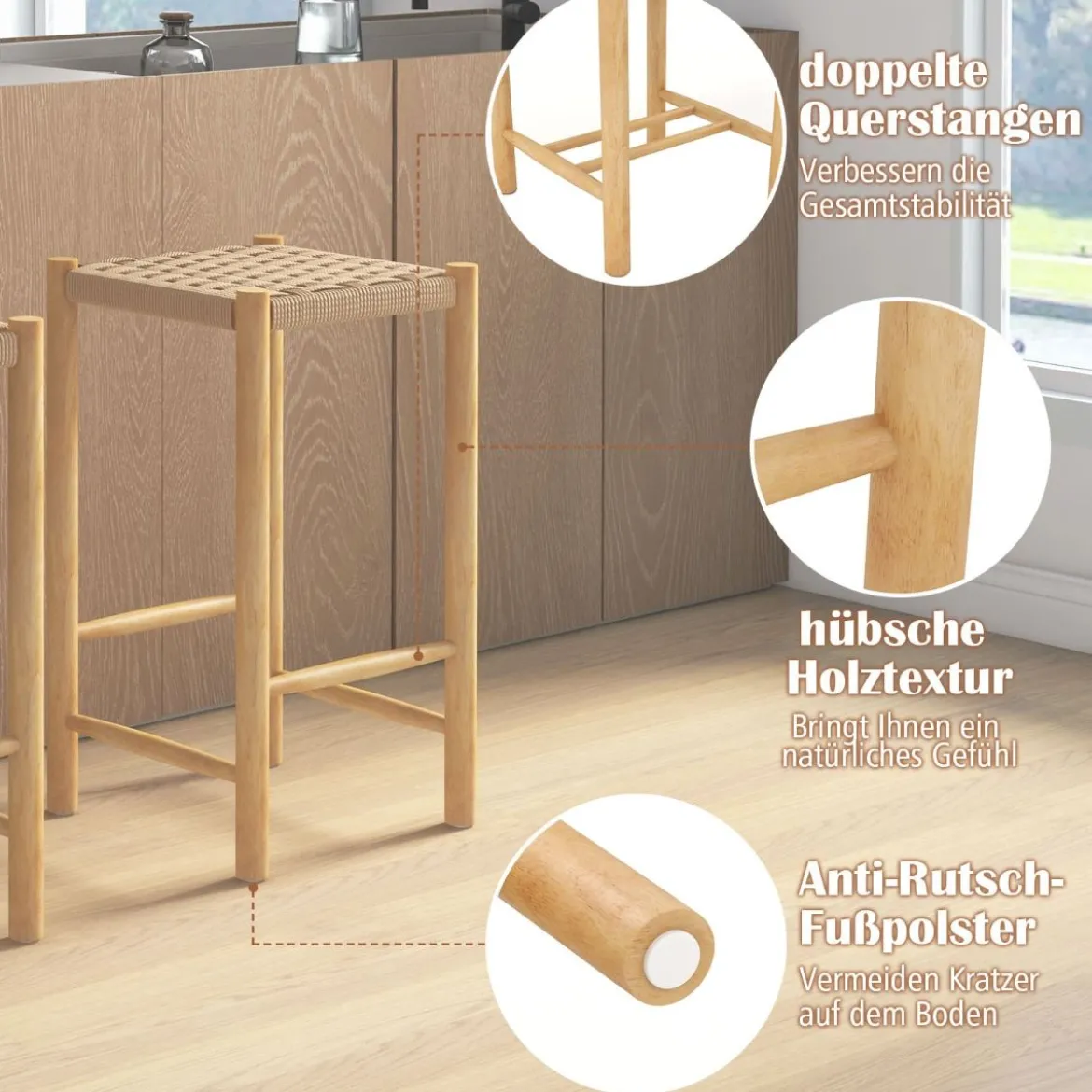 Esszimmer-Barhocker-Set Rahmen aus Gummibaumholz & Sitz aus geflochtenem Papier Rustikaler Barhocker in Counter-Höhe65 cm