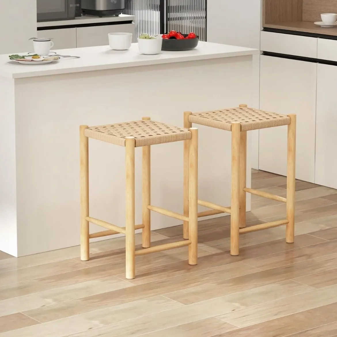 Esszimmer-Barhocker-Set Rahmen aus Gummibaumholz & Sitz aus geflochtenem Papier Rustikaler Barhocker in Counter-Höhe65 cm