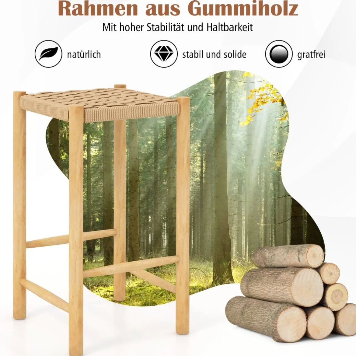 Esszimmer-Barhocker-Set Rahmen aus Gummibaumholz & Sitz aus geflochtenem Papier Rustikaler Barhocker in Counter-Höhe65 cm