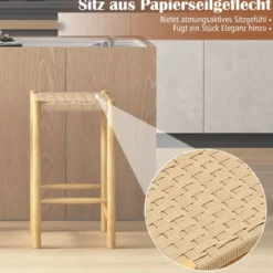 Esszimmer-Barhocker-Set Rahmen aus Gummibaumholz & Sitz aus geflochtenem Papier Rustikaler Barhocker in Counter-Höhe65 cm