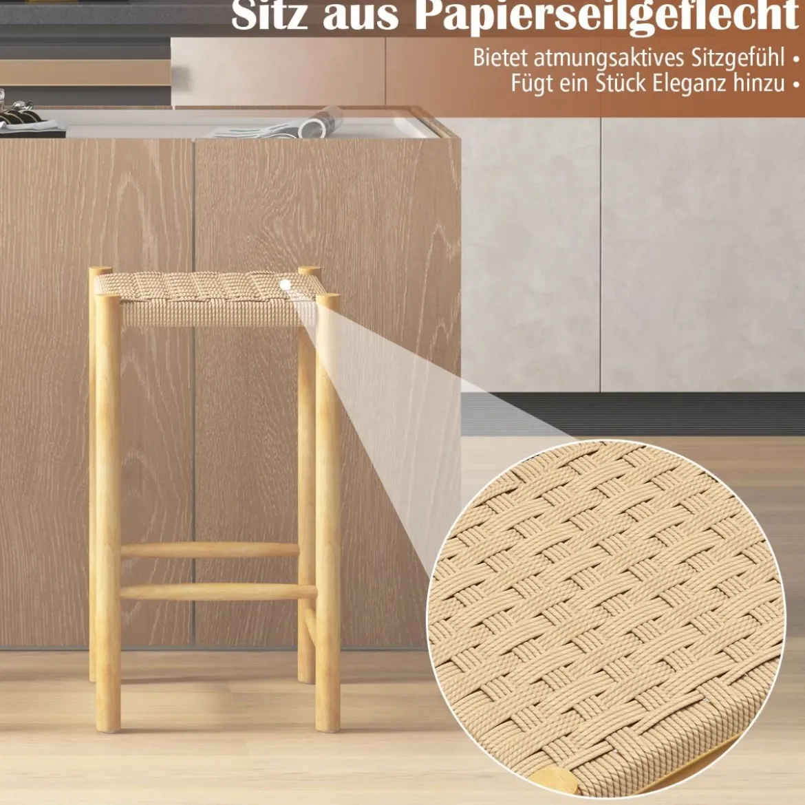 Esszimmer-Barhocker-Set Rahmen aus Gummibaumholz & Sitz aus geflochtenem Papier Rustikaler Barhocker in Counter-Höhe65 cm
